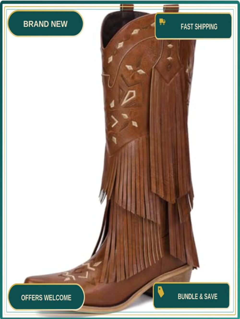 Women's Fringe Cowboy Boots Knee High Pointed Toe Embroidered Western Pull On